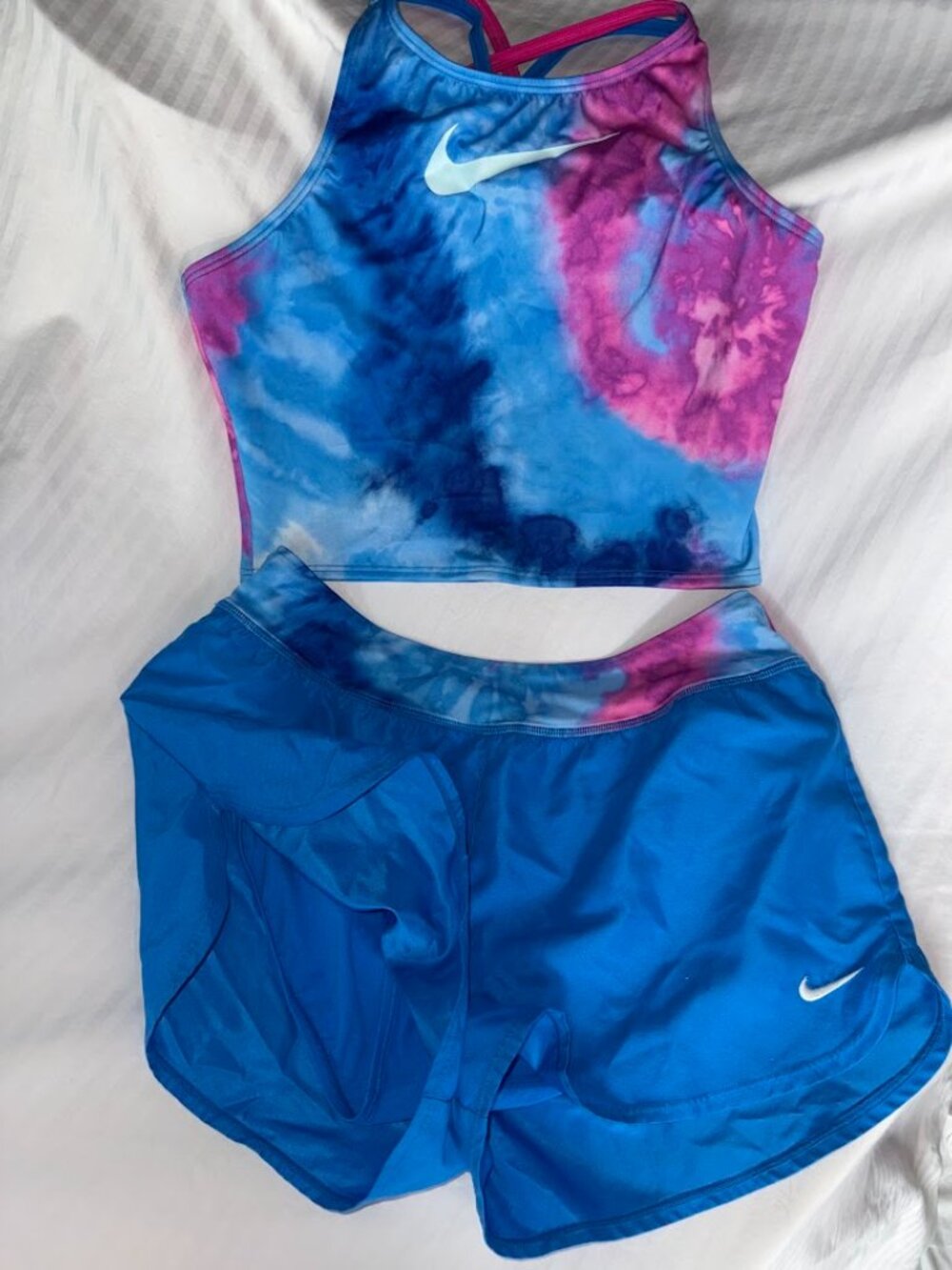 Nike Girl's Swimsuit Tie Dye Spiderback Midkini & Short Set XL Pink and Blue